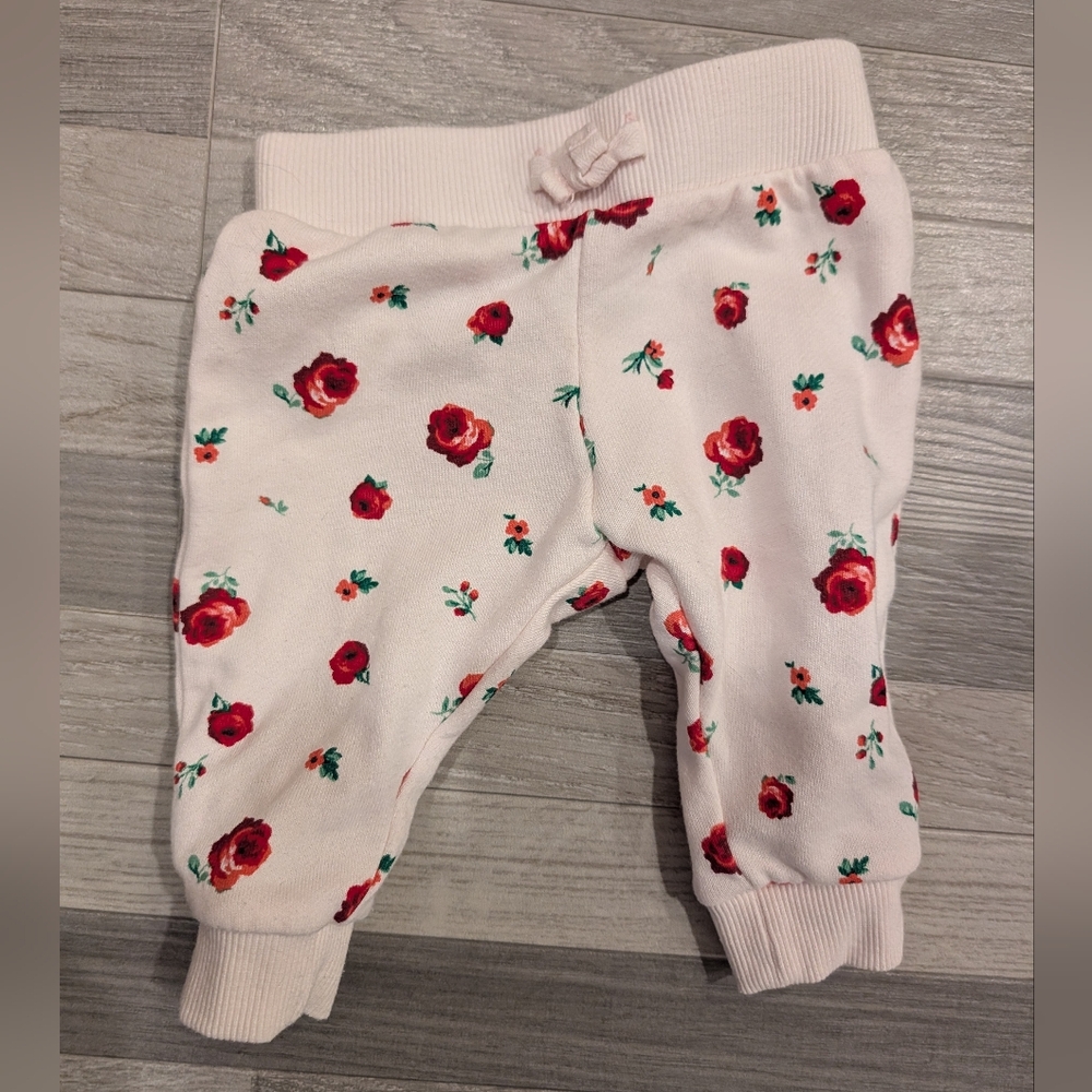 Janie and Jack Cream Sweatpants with Red Floral Design